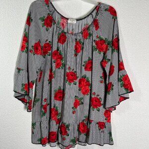 FREE KISSES Casual Blouse Women Scoop Neck Stripes & Roses Tunic Plus Size 3X